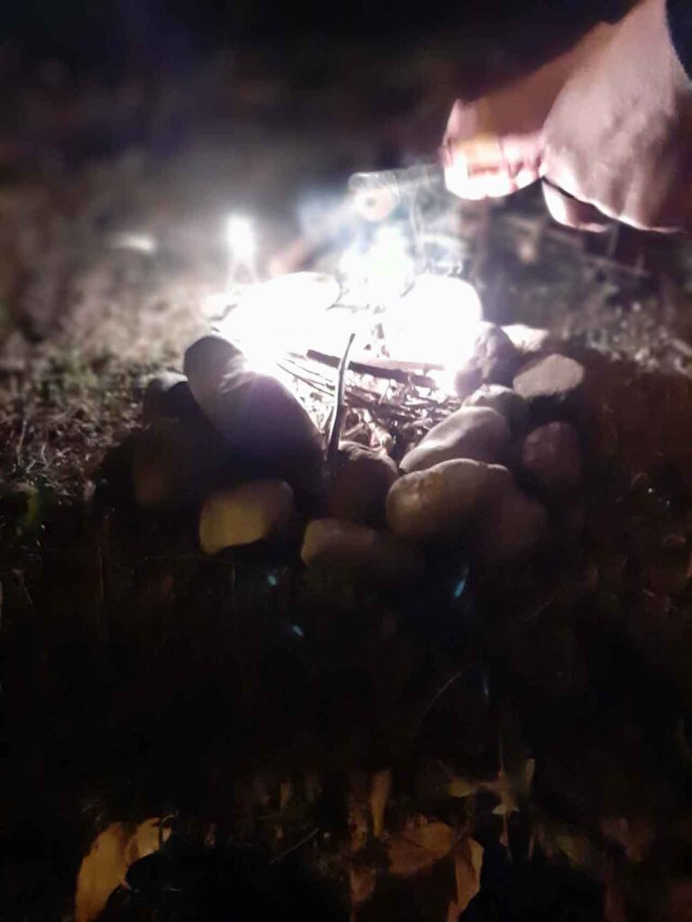 Starting a fire with a magnesium firesteel in the woods at night