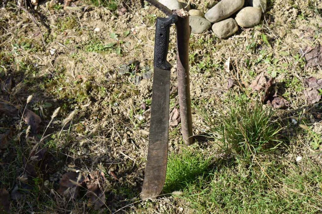 A machete stuck in the ground surounded by dirt and patches of green grass on sunny morning