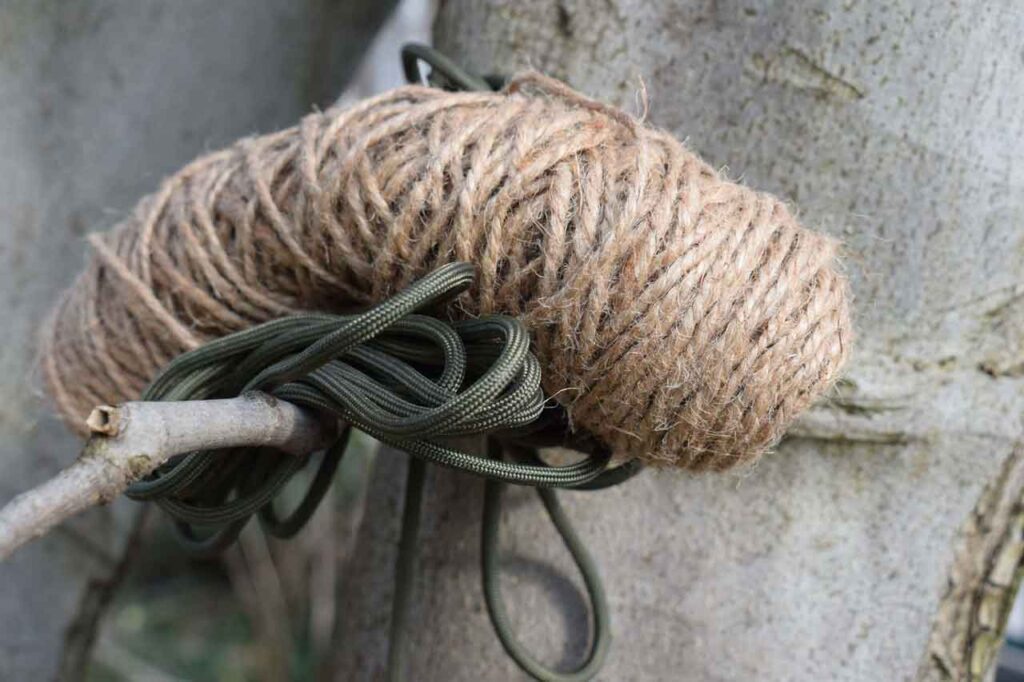 cordage for survival, Jute and Paracord balanced on a tree branch n the woods on a bright day, Natural vs Synthetic