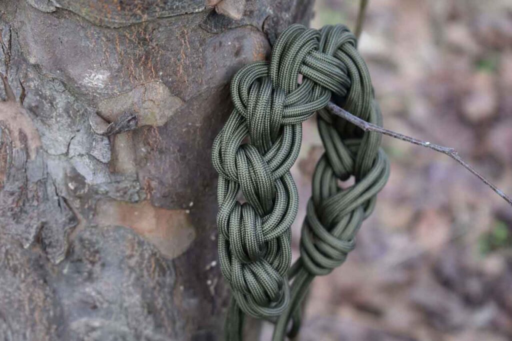 Paracord is the best cordage for survival, a daisy chain of paracord hanging on a twig in the woods in the afternoon