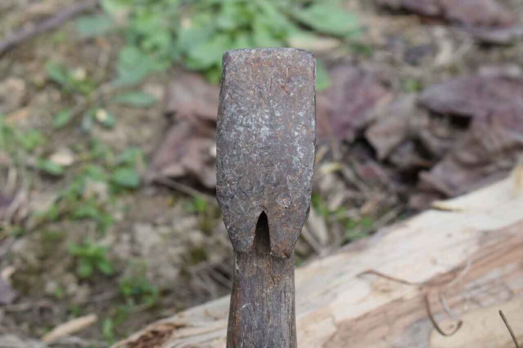 The Poll of a Carpenters Axe in the woods on a sunny day