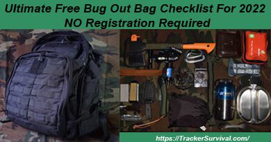 A Poster of a 5.11 Rush 72 with a Moab 6 attached to it hanging on a tree, A green banner above the image states Ultimate FREE Bug Out Bag Checklist for 2022, No Registration Required