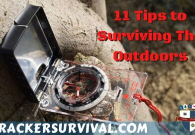 11 Tips to Surviving in the Outdoors. A Suunto Compass laying on a tree stump, with the words ''11 Tips to Surviving in the Outdoors'' in bright red