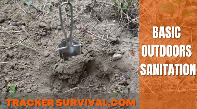 Basic Outdoors Sanitation .A garden trowel beside a shallow hole in the ground