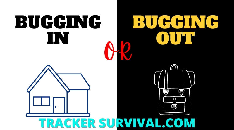 Bug In Vs Bug Out . a poster, with a house on the left and a backpack on the right