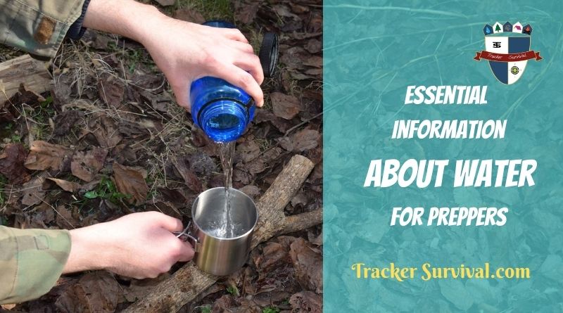 Image of a mans hands pouring a bottle of water into a steel cup with the words "essential information about water for preppers" printed on the right hand side