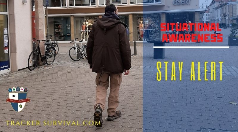 What Is Situation Awareness (SA)? Situational Aware, Stay Alert flyer, with a man walking down a street