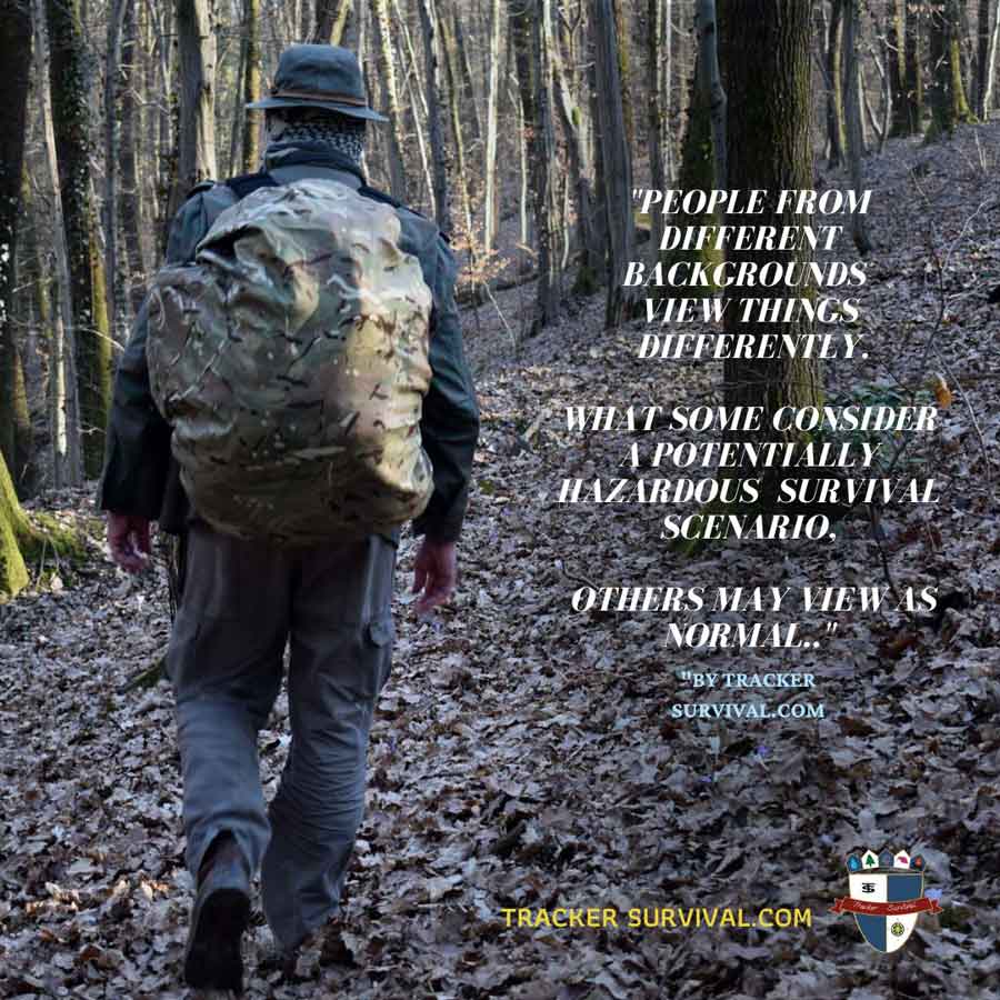 Photo Of A Man With A Backpack Walking In The Woods And A Quote Written On It By Tracker Survival.