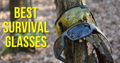 A pair of Wiley X Safety glasses and a pair of Sunglasses on a Tree in the woods with The Words Best Survival Glasses Written In Bold Yellow On the Left Of The Image