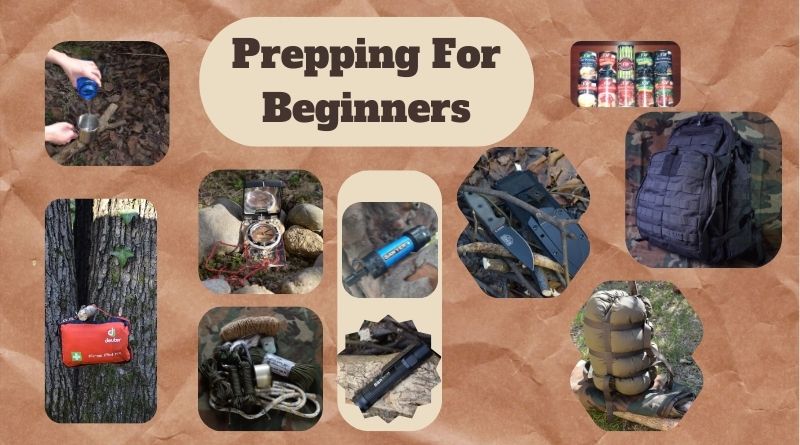 Image Of Survival And Prepping Essentials Withe The Words Prepping For Beginners Written On The top.