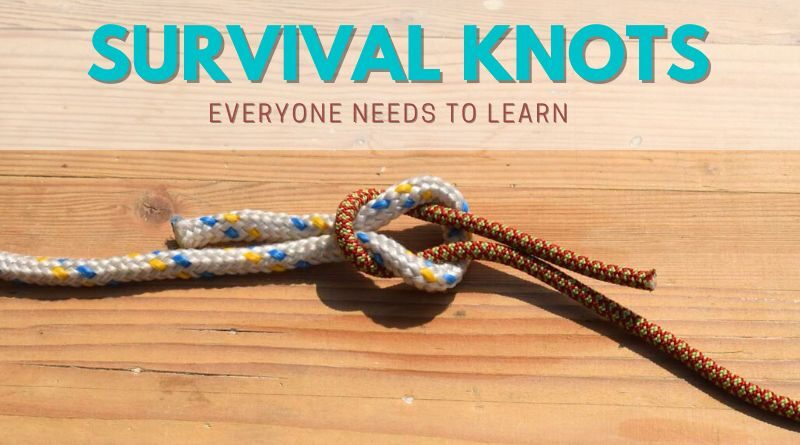 An Image Of A Sheet Bend Knot on A Wood Background With The Words Survival Knots Written In Aqua Blue Color on Top Of Image and Underneath in Smaller Fonts is Written The Words Everyone Needs To Learn In Reddish Brown Color