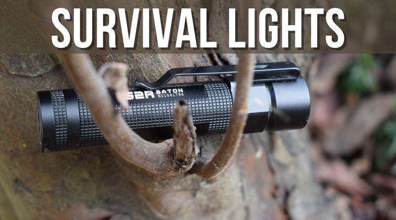 An Olight S2R Baton Flashlight On a Tree With The Words Survival Lights Written On Top